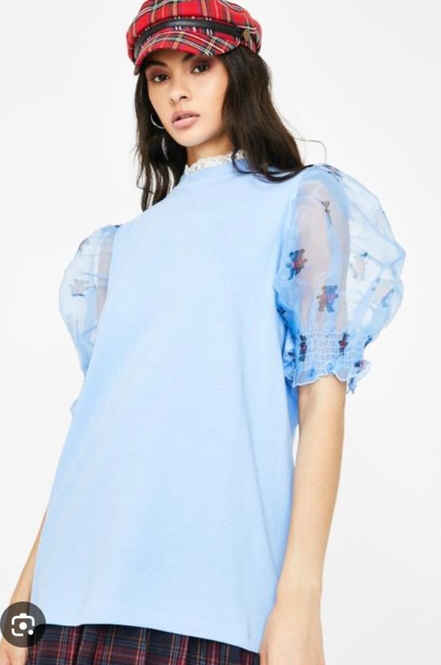 Lazy Oaf Blue Teddy Bear Puff Sleeve Top Womens Small